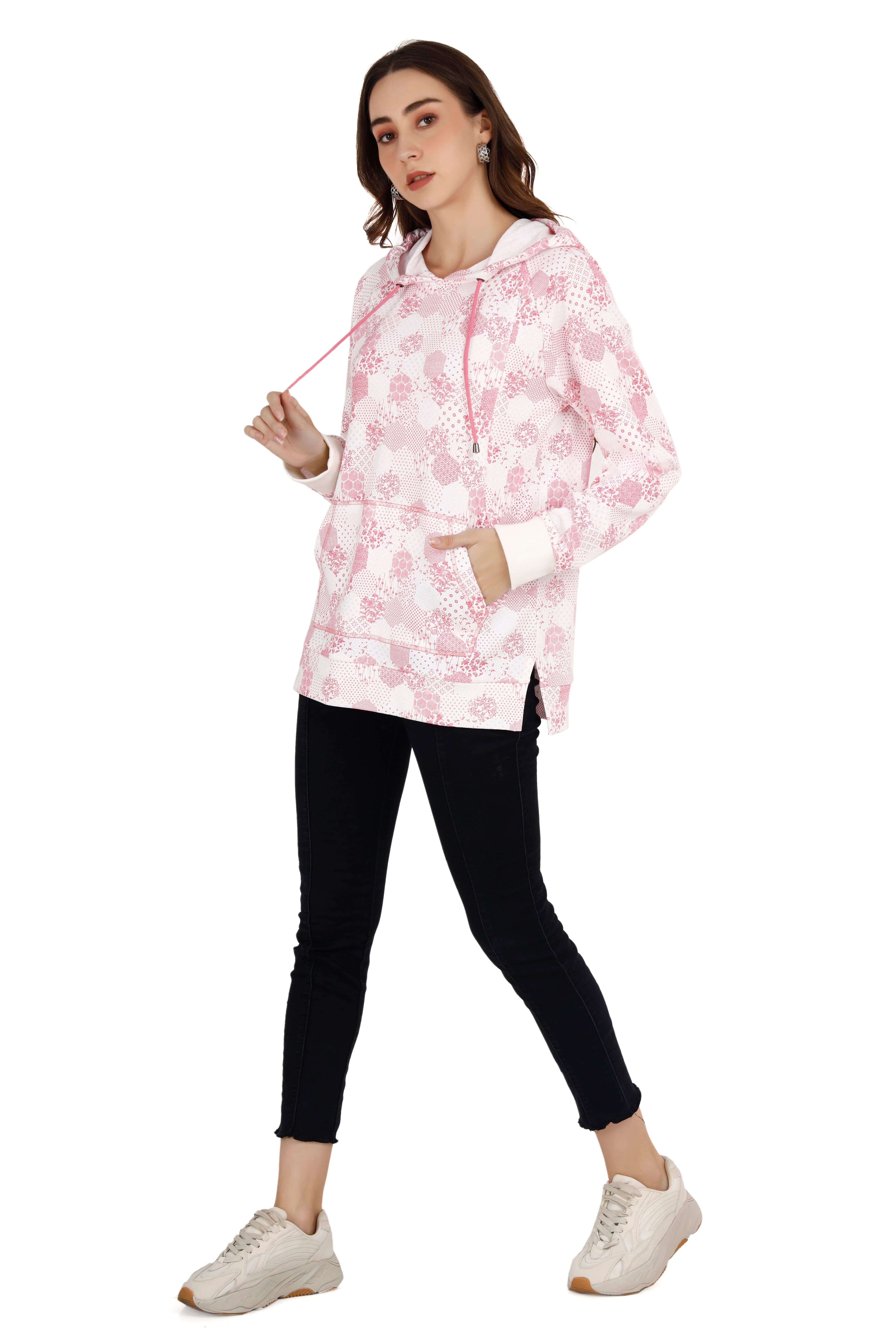 Women's Pink & White Printed Hoodie